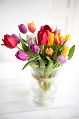 Colorful tulips in a glass vase