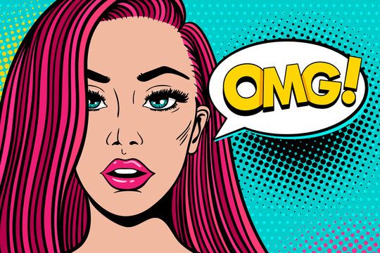 Wow pop art female face. Sexy surprised young woman with pink hair and open mouth and OMG! speech bubble. Vector bright background in pop art retro comic style. Party invitation poster.