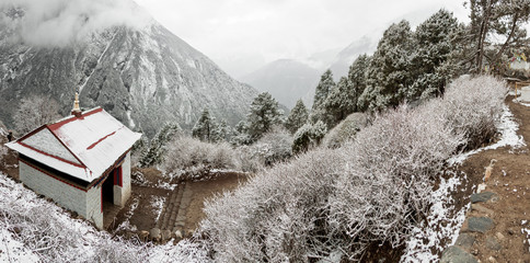 View of the valley from Tengboche monastery after a night of snowfall - Nepal, Himalayas