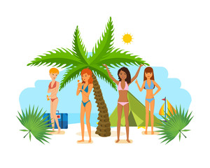 Young woman in bikini sunbathe in the summer in tropics.