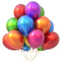 Photo sur Plexiglas Ballon Party balloons happy birthday decoration colorful multicolored. Holiday anniversary celebrate new years eve christmas carnival greeting card design element. 3D illustration