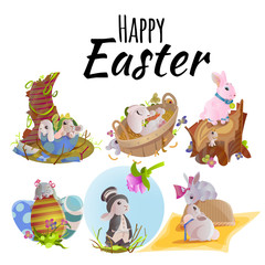 Happy and Cute Easter bunny sitting in basket with decorated Easter Eggs on green grass, Vector illustration. Set Isolated on white background, greeting card with spring rabbit chocolate egg hunting
