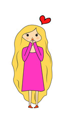 Cute little cartoon girl sending kiss. Girl with long hair in pink dress.