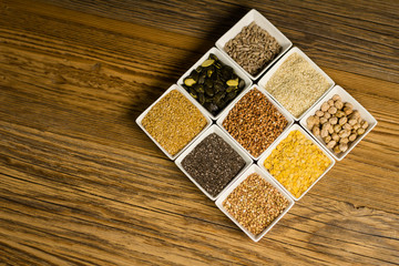 Raw legume on old rustic wooden table, Healthy Food