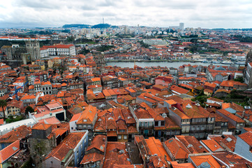 Aerial view of Porto city in Portugal with the Douro River.
