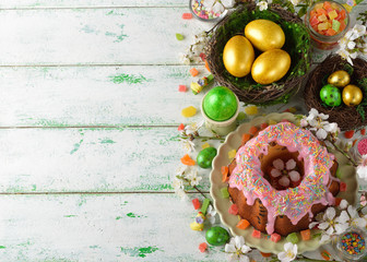Easter cake, flowers and eggs