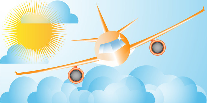 Airplane in the skies. Travel banner depictures flying airplane .Vector illustration.