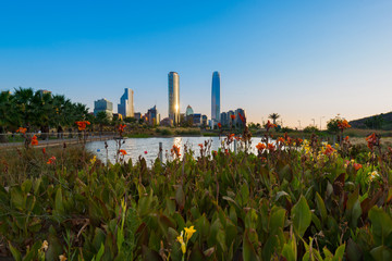 Pond at Bicentennial Park in the wealthy Vitacura district and skyline of buildings at financial...