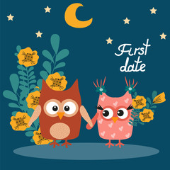 Two cute and funny owls. Hand-drawn. First date. Walk under the moon. Cartoon. Vector. Vintage
