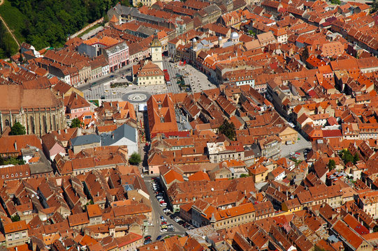Aerial view of the Council square of Brasov city, Romania