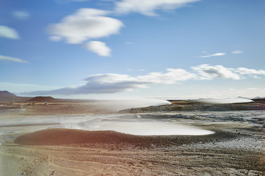 Steamy desolate geothermal landscape, Namaskard, Myvatn, Iceland