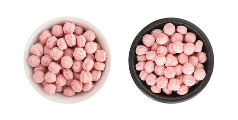 Sweet Fruit Pink Corn Balls Snack in Round Bowl Top View