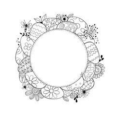 Happy Easter holiday background. Frame made of eggs and doodled flowers and butterflies and blank label.
