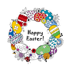 Happy Easter background.Frame made of eggs and doodled flowers and butterflies and lettering.