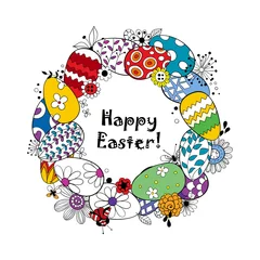 Fotobehang Happy Easter background.Frame made of eggs and doodled flowers and butterflies and lettering. © katerinamk