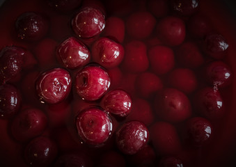 Sour cherries in syrup. Top view.