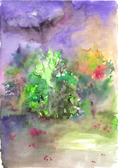 Watercolor nature cloudy forest glade abstract landscape