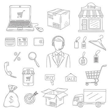 Vector set of hand drawn e-commerce icons set