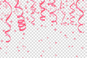 Pink Curling Stream on a transparent background. Confetti of hearts. Realistic serpentine for design. Vector Illustration