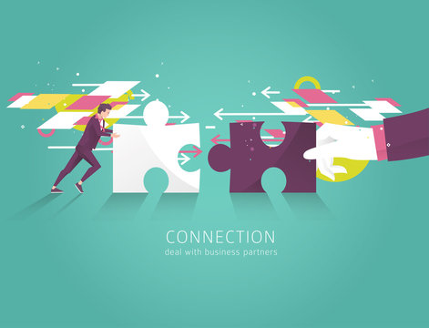 Business concept of solution, partnership, collaboration and support. Businessman and hand combine puzzle pieces. Vector flat illustration.