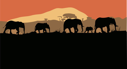  silhouettes of elephants cross africa on hills isolated.