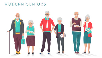 Set of modern senior business people with different gadgets. Old progressive people use modern technology. Vector illustration. - obrazy, fototapety, plakaty