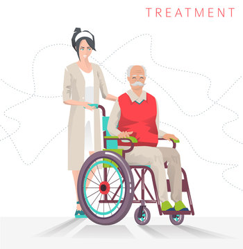 Concept of  person disability. Senior disabled man in wheelchair and social worker isolated on white background. Vector flat illustration.