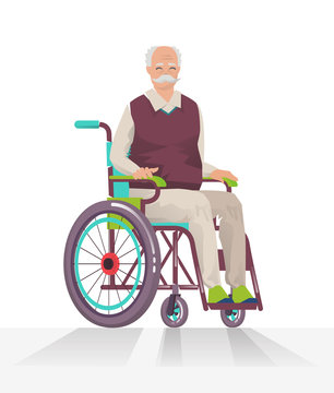 Concept of  person disability. Senior disabled man in wheelchair isolated on white background. Vector flat illustration.