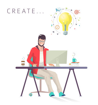Man works on computer. Designer. Creative process. Business, office work, workplace. Flat design vector illustration.