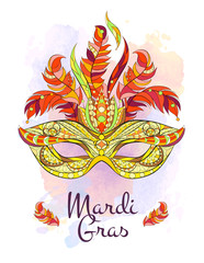 Patterned mask on the grunge background. Mardi Gras festival. Tattoo design. It may be used for design of a t-shirt, bag, postcard, a poster and so on.   - 141363518