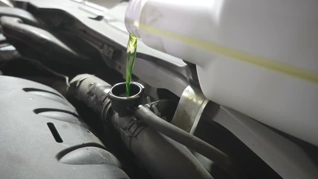 Pouring antifreeze to the car radiator