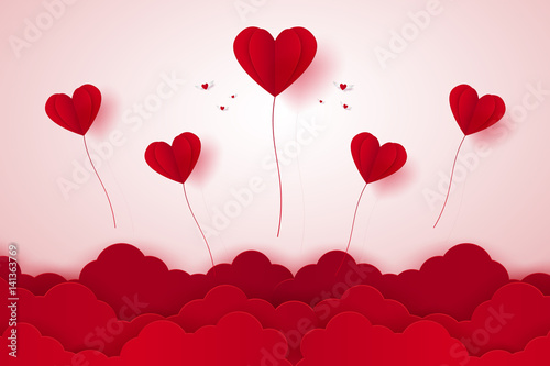 Valentines Day Illustration Of Love Red Heart Balloons Flying On Sky Paper Art Style Wall Mural Supakrit Valentines Day Illustration Of Love Red Heart Balloons Flying On Sky Paper Art Style Wall Mural Supakrit