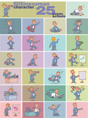 Fototapeta na wymiar Large vector set of businessman character in 25 poses and actions. Office worker professional angry, exposing, talking on phone, jumping, working, running, relaxed… and more!