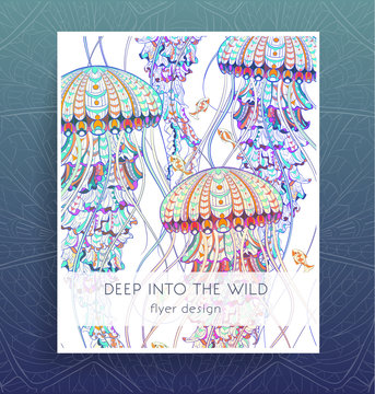 Flyer template with patterned jellyfish