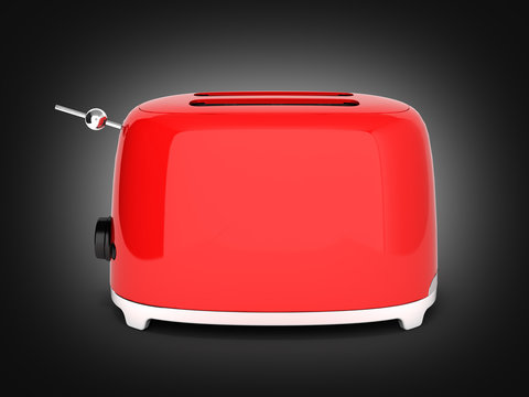 Red retro toaster side view on black gradient background 3d