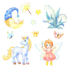 set of stickers for nursery, Kindergarten or Bedroom child. Watercolor illustration