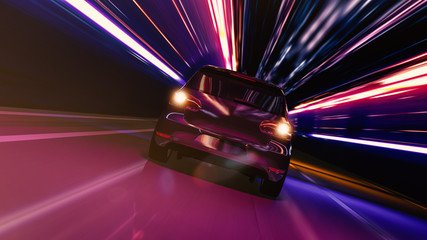 Schnelles Auto bei Nacht in einer Stadt