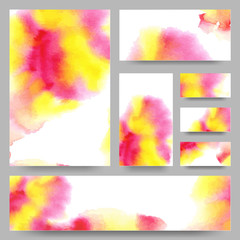 Set of Templates with Watercolor Splashes. Holi Paint Texture. Abstract Bright Colorful Banners Collection. Rainbow Colored Cards Design. Vector illustration