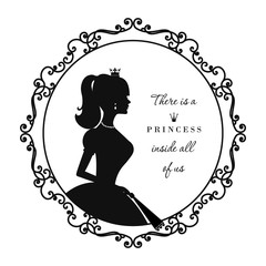 Princess silhouette in royal frame with sample text. For notebook cover, girl diary, scrapbook design. Isolated on white.
