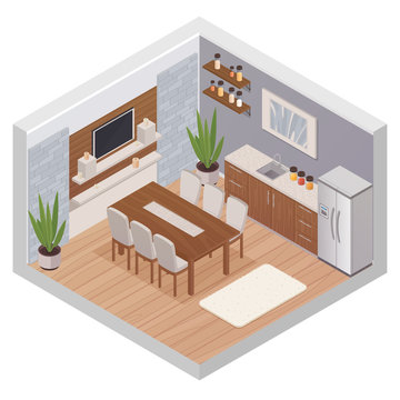isometric Kitchen Interior With TV