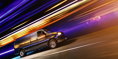 schneller Transporter bei Nacht in einer Stadt