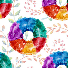 Seamless pattern with delicious donuts. Watercolor illustration.

