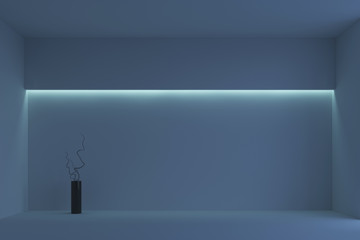 Empty white minimalist room with blue backlight. 3d rendering
