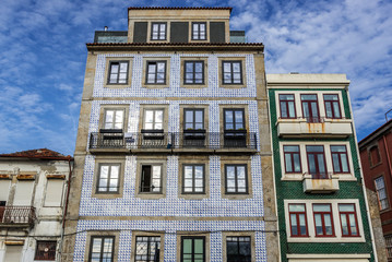 Townhouses frontage with ceramic tilework in Porto city, Portugal