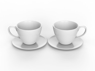 3D illustration two white cup and saucer