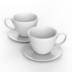 3D illustration two white cup and saucer