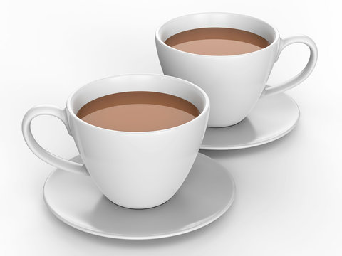 3D illustration two white cups and saucers with tea coffee