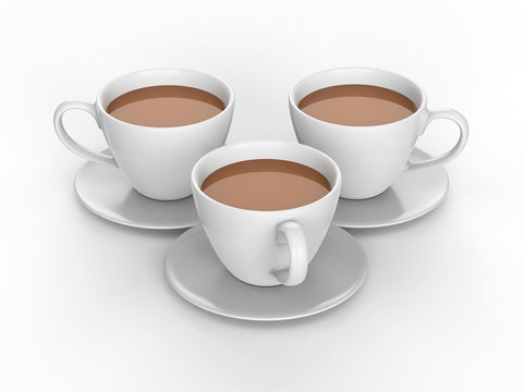 3D illustration three white cups and saucers with tea coffee
