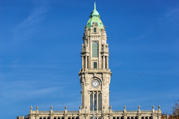The tower of City Hall in Porto city, Portugal