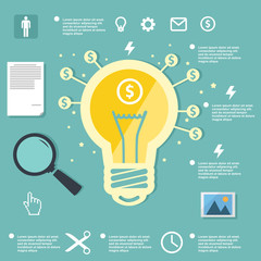 light infographic on flat design, business idea, burning lamp
